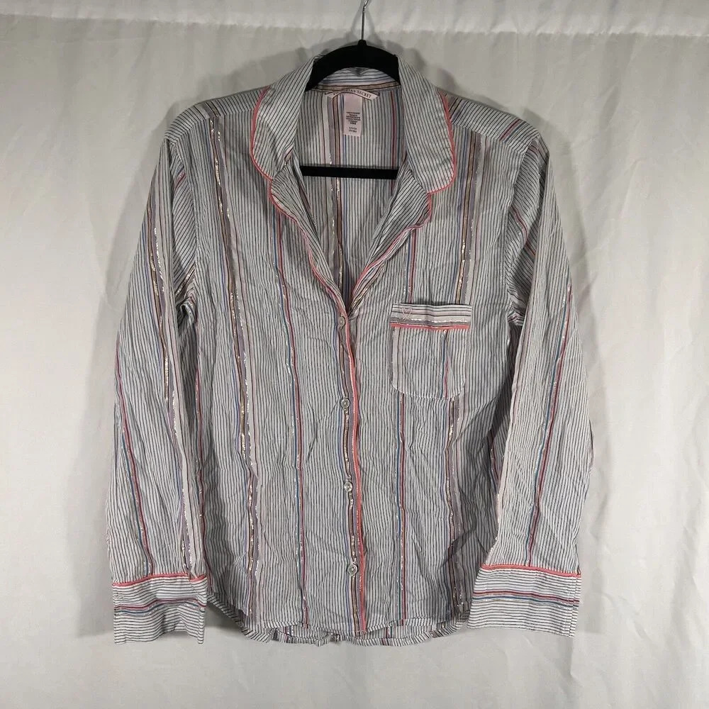 Victoria's Secret Shirt Womens Small Striped Gold Metallic Button Up Long Sleeve